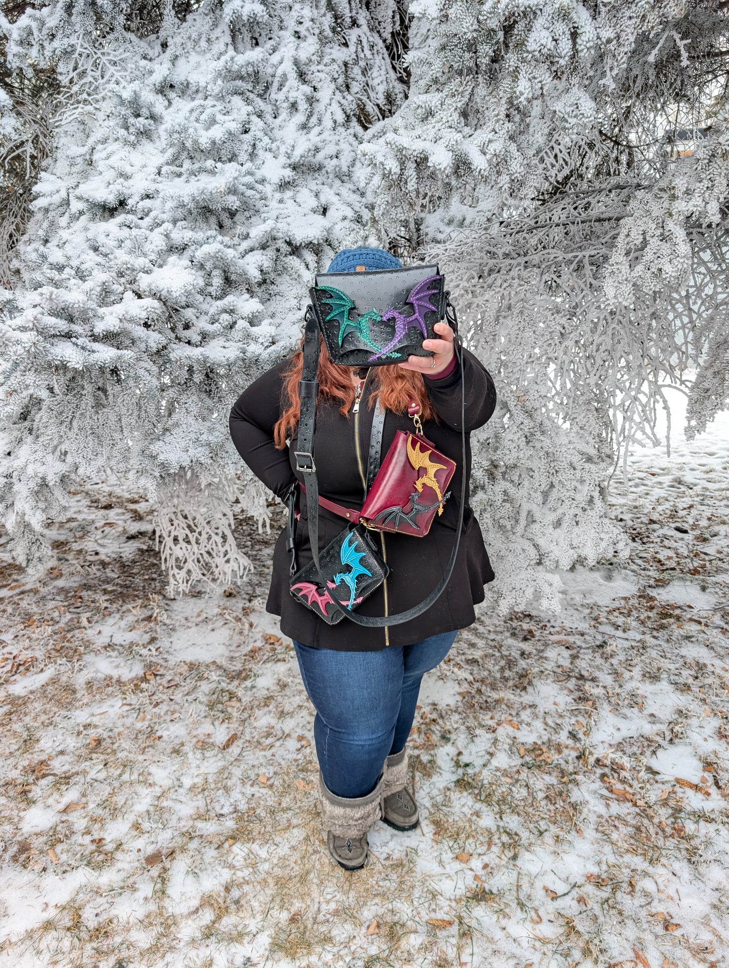 Duality Dragons Crossbody & Clutch/Purse - Green and Purple (Full Grain Leather & Handcrafted in Canada.)