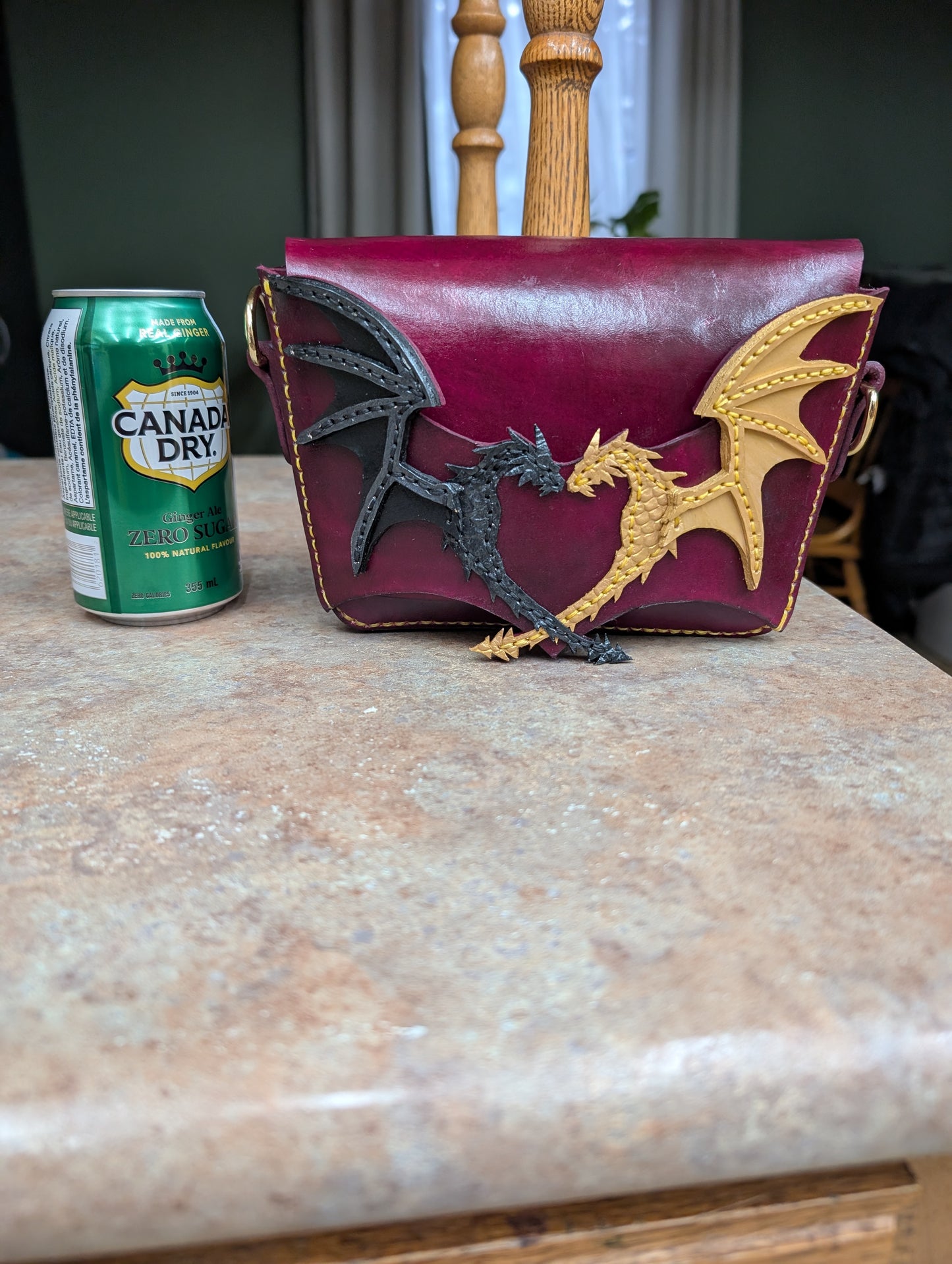 Duality Dragons Crossbody & Clutch/ Purse - Black and Gold Dragons (Full Grain Leather & Handcrafted in Canada.)