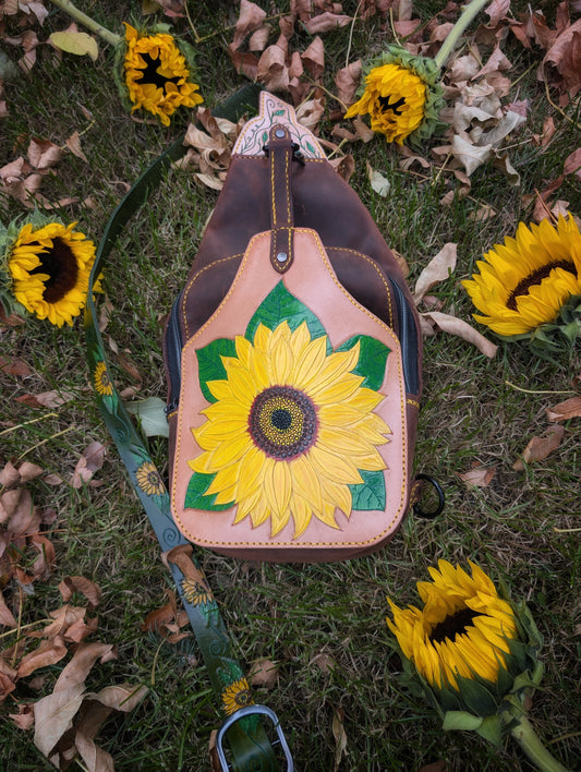 Handmade Leather Sunflower Slingbag  -Hand tooled and painted -Full Grain Leather