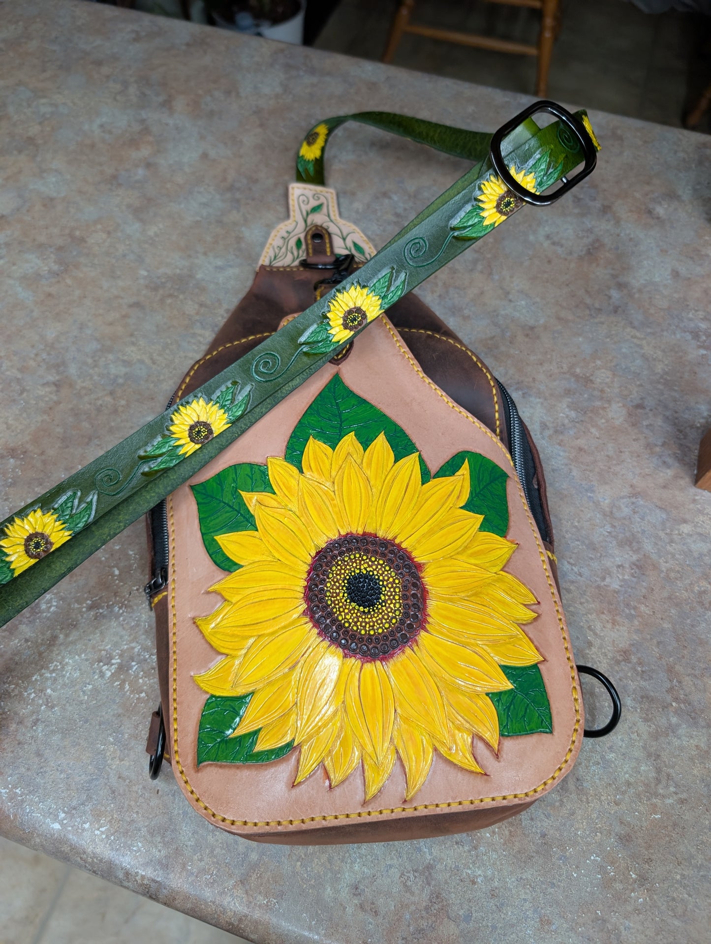 Handmade Leather Sunflower Slingbag  -Hand tooled and painted -Full Grain Leather -