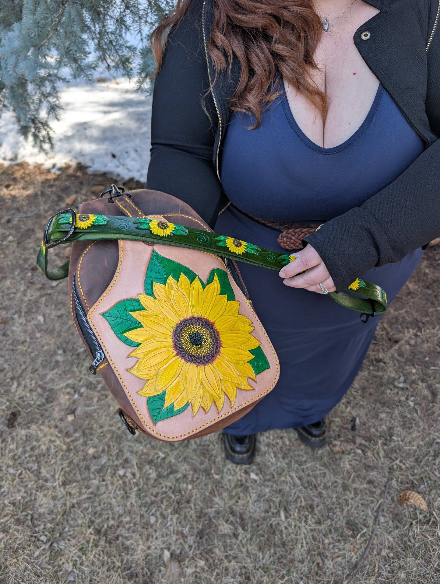 Handmade Leather Sunflower Slingbag  -Hand tooled and painted -Full Grain Leather -