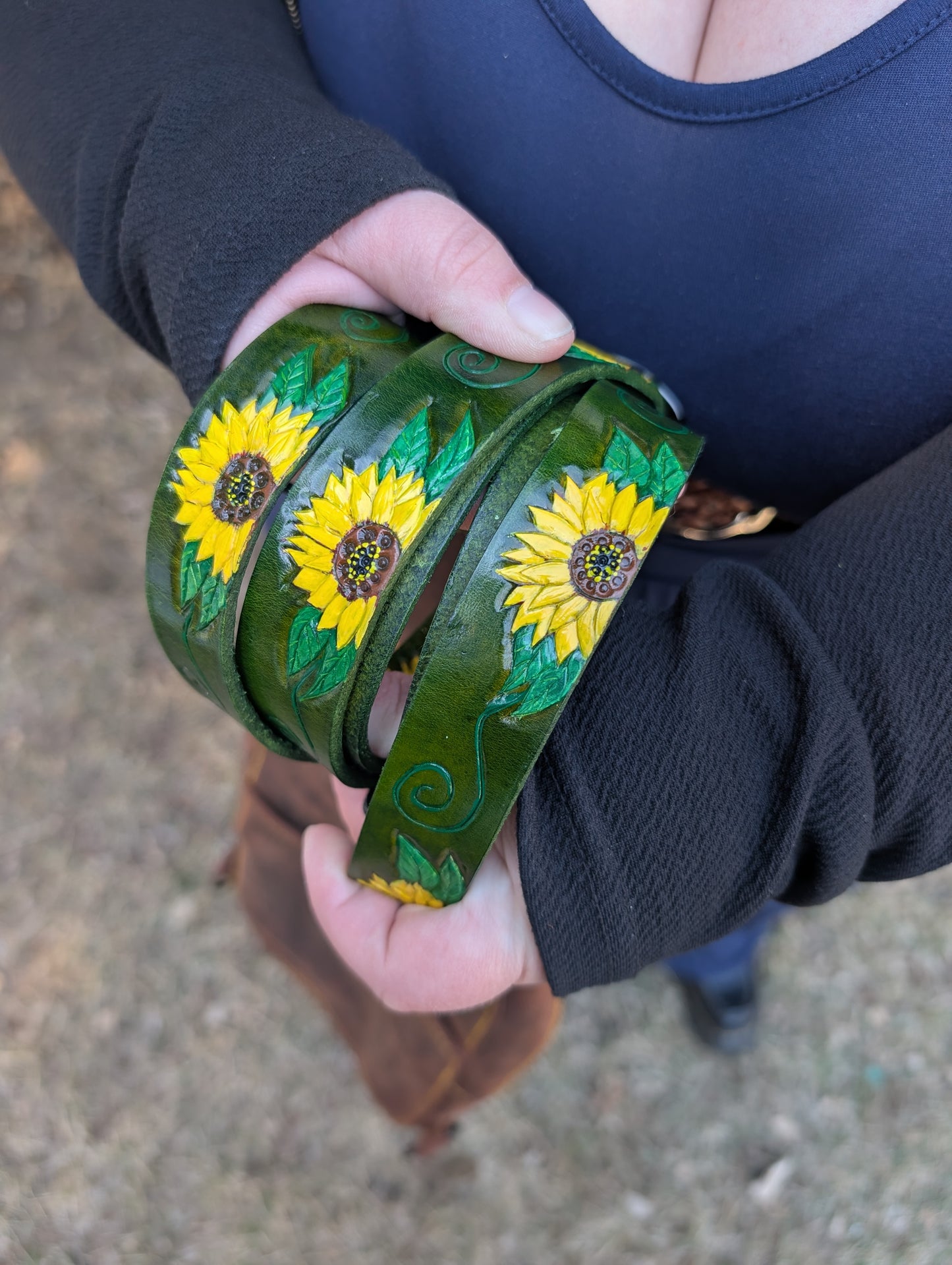 Handmade Leather Sunflower Slingbag  -Hand tooled and painted -Full Grain Leather -
