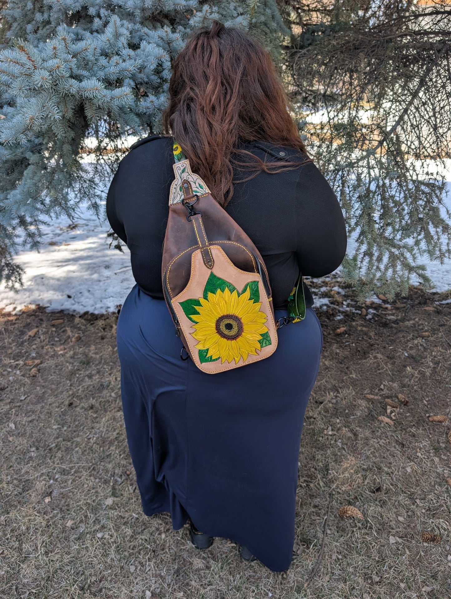 Handmade Leather Sunflower Slingbag  -Hand tooled and painted -Full Grain Leather -