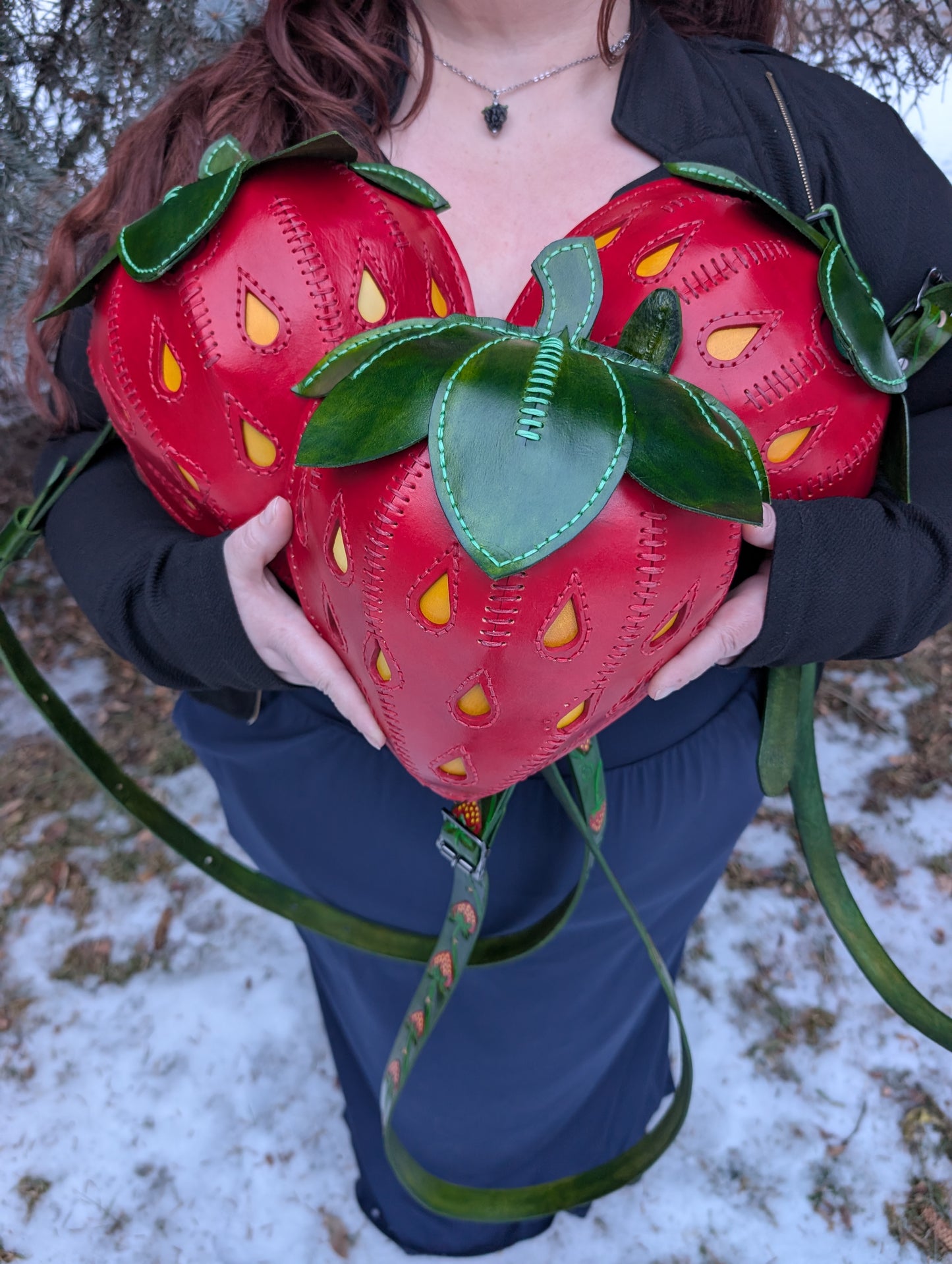 Handmade Leather Strawberry Crossbody Purse with custom tooled and painted strap - Full Grain Leather - Handmade in Canada