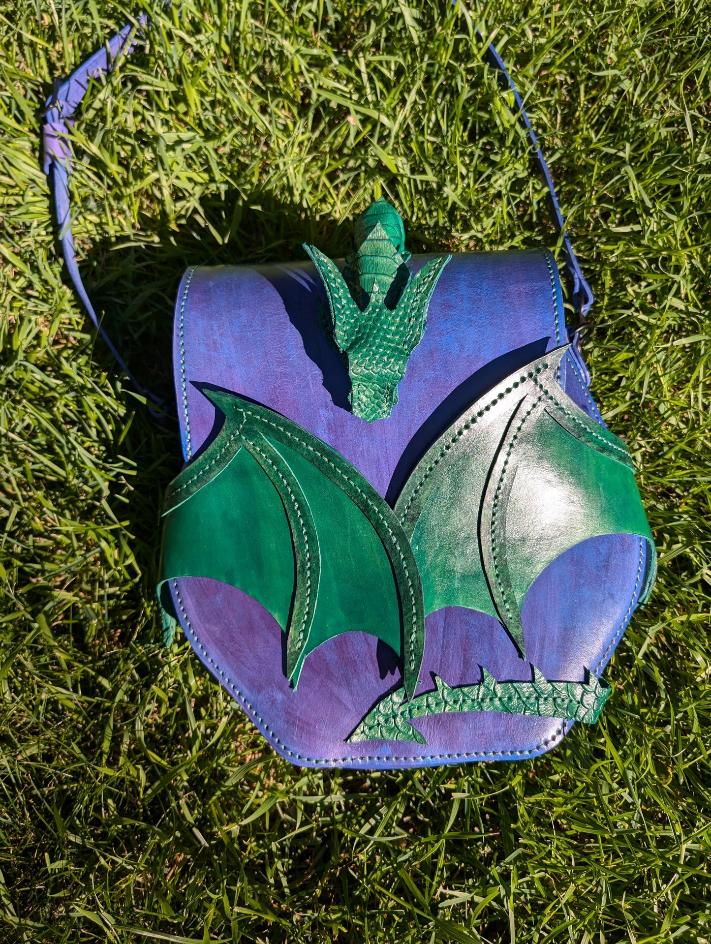 Handmade Leather Jade and Bluish Purple Embossed Dragon Crossbody Bag (FULL GRAIN)