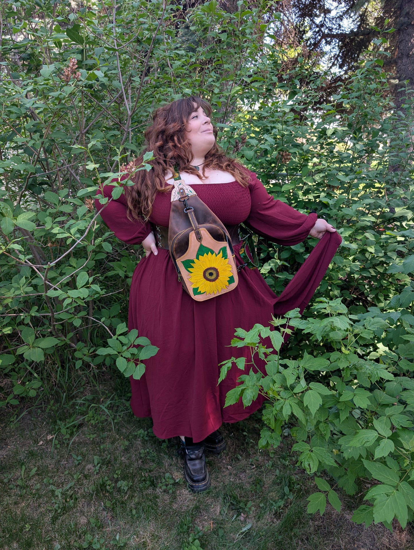 Handmade Leather Sunflower Slingbag  -Hand tooled and painted -Full Grain Leather -