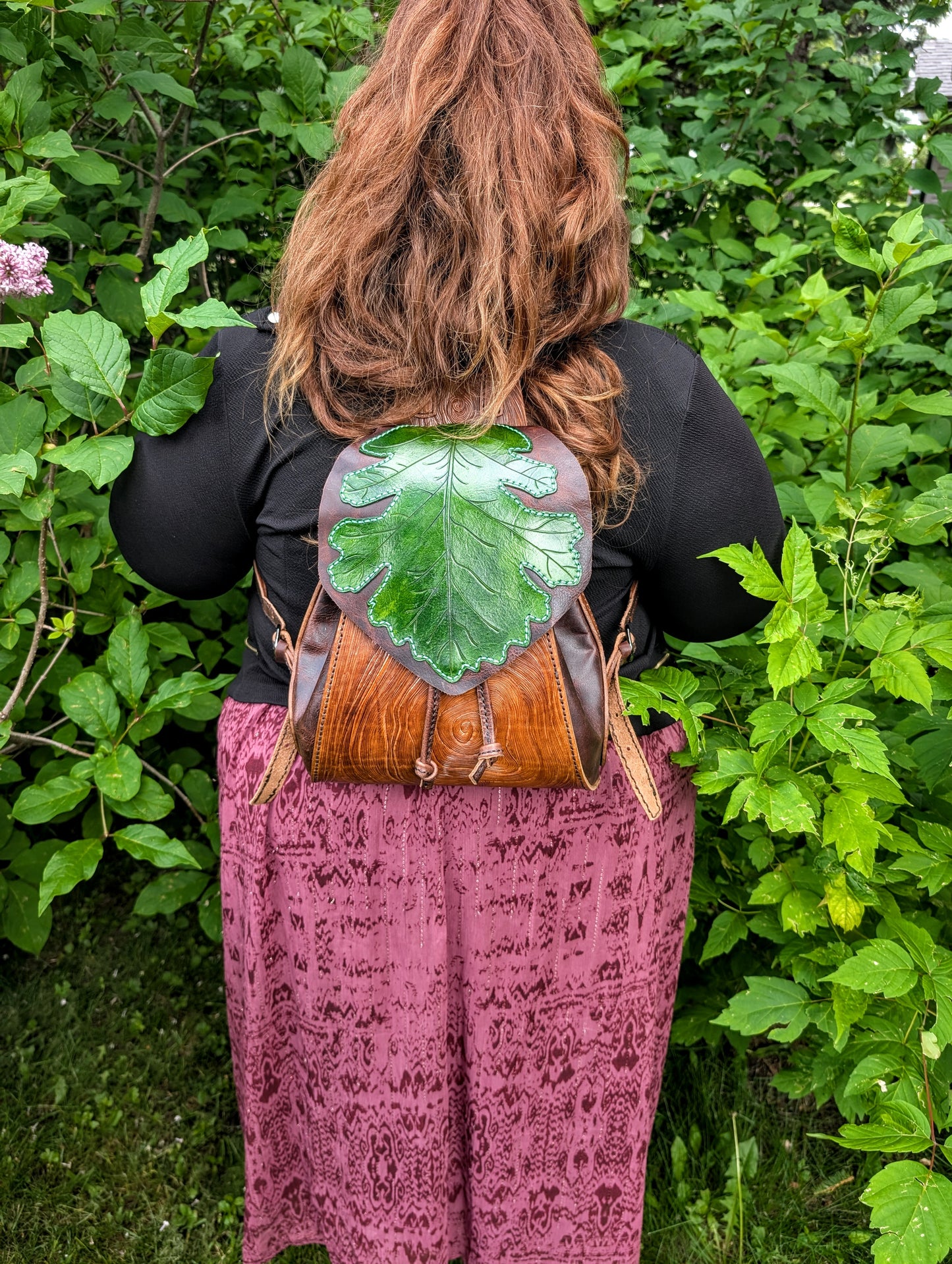 Handmade Leather Oak Leaf Backpack ~ Full Grain Leather & hand tooled - Made in Canada