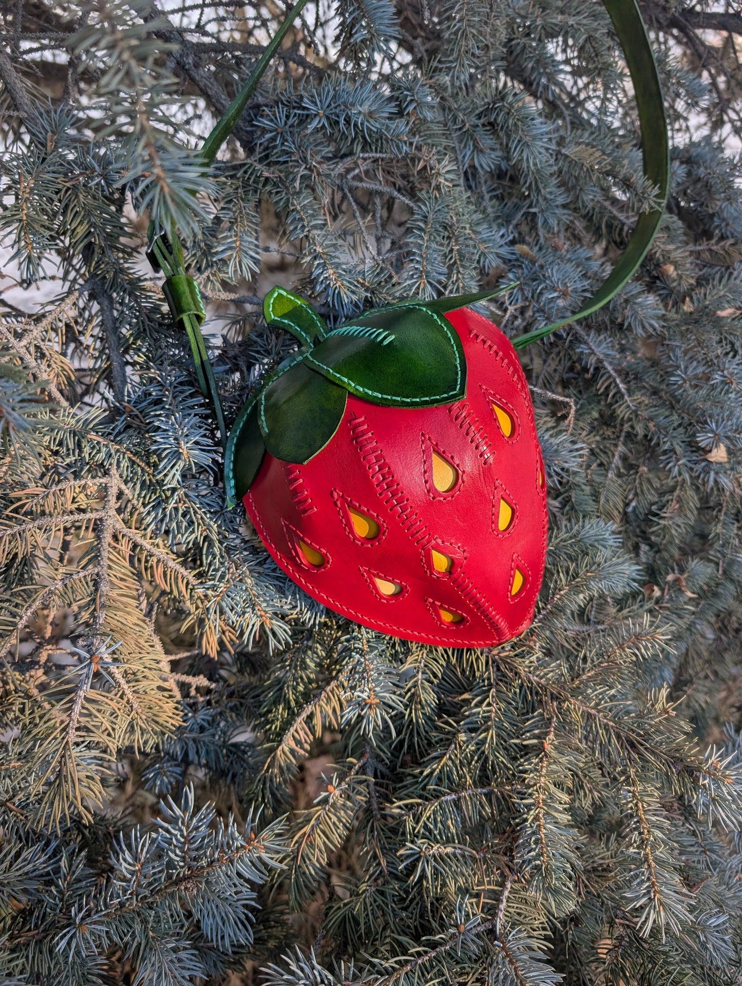 Handmade Leather Strawberry Crossbody Purse with custom tooled and painted strap - Full Grain Leather - Handmade in Canada