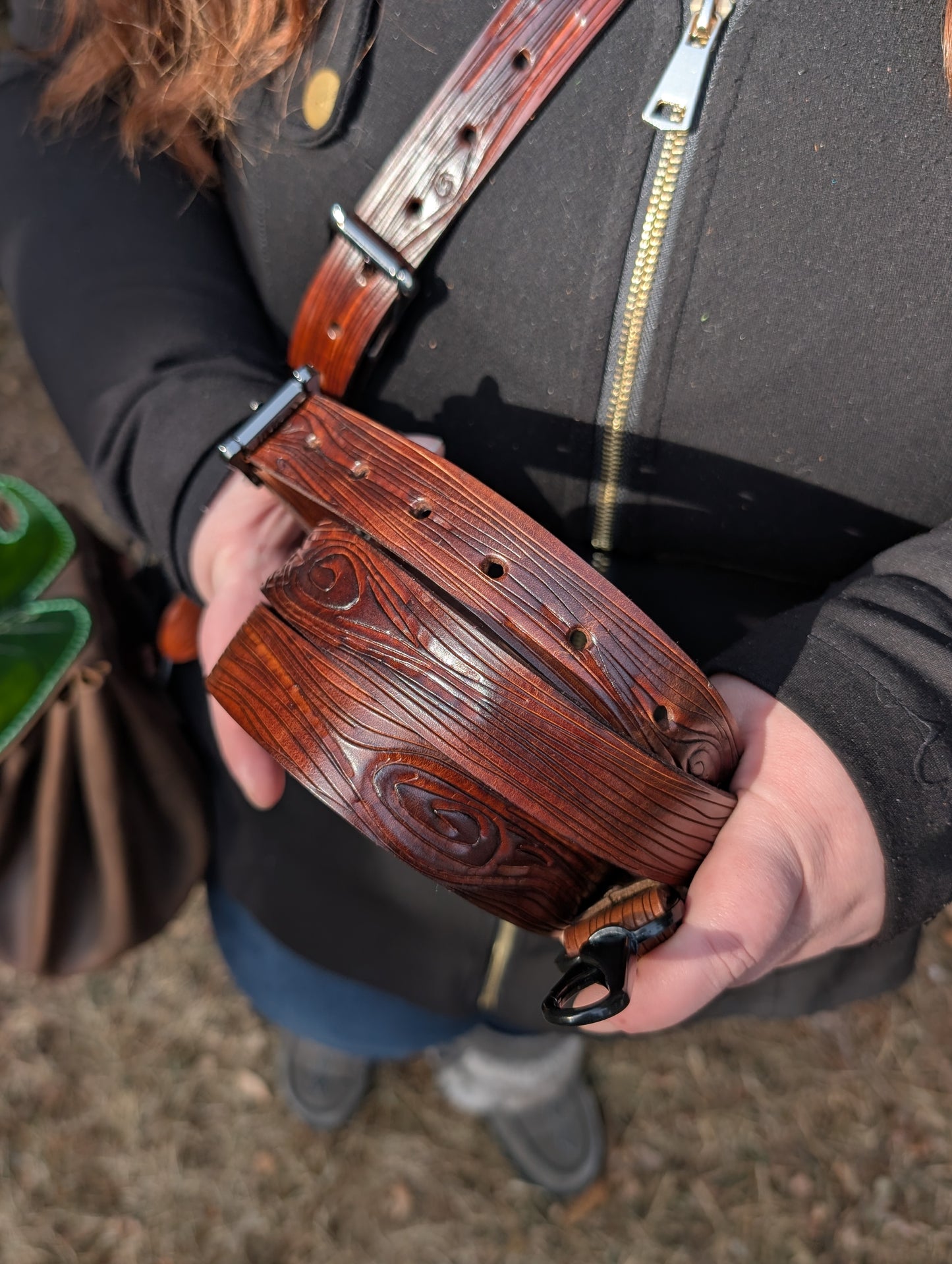 Handmade Leather Begonia Maculata Leaf Crossbody Purse (Full Grain & Tooled Wood Grain) - Handmade in Canada