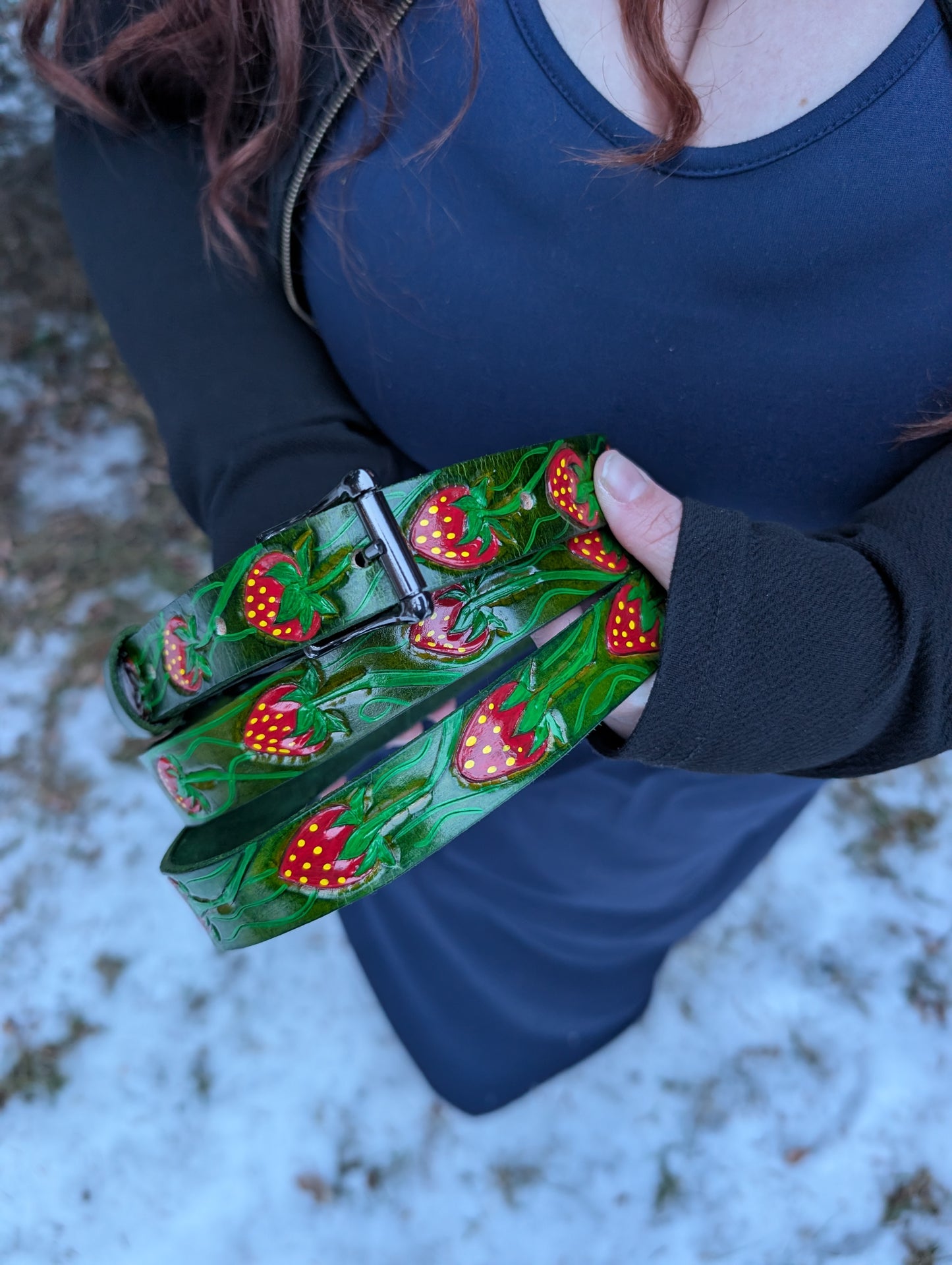 Handmade Leather Strawberry Crossbody Purse with custom tooled and painted strap - Full Grain Leather - Handmade in Canada