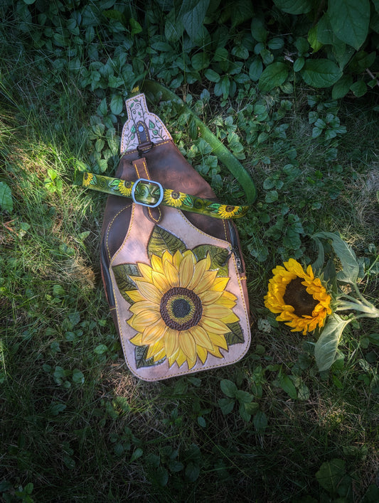 Custom order for A. - Handmade Leather Sunflower Slingbag - Hand painted and Hand Tooled - Full Grain Leather