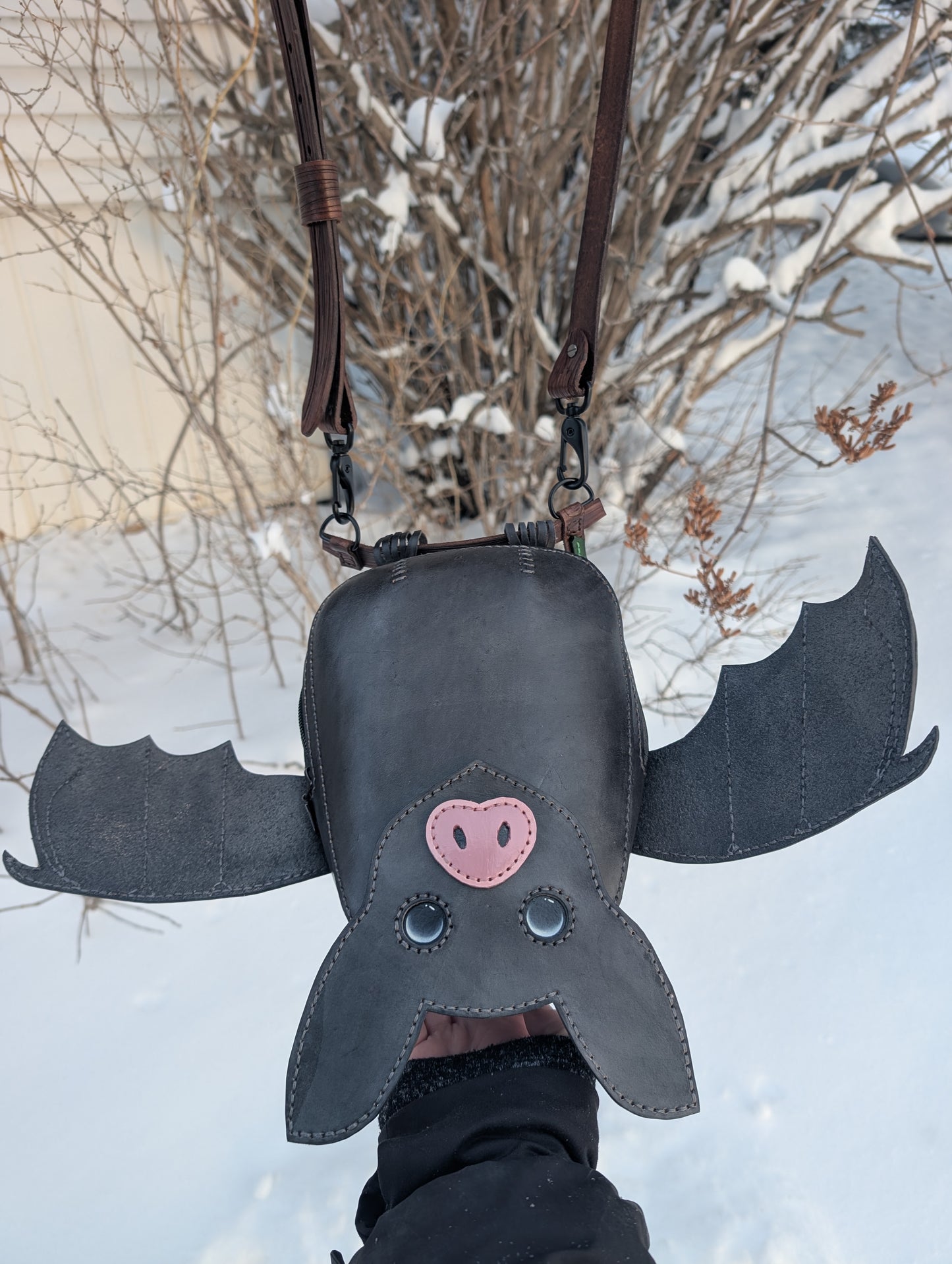 Handmade Full Grain Leather Bat Crossbody Purse - Handmade in Canada