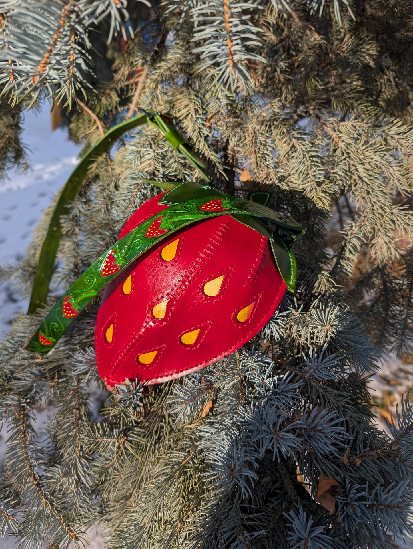 Handmade Leather Strawberry Crossbody Purse with custom tooled and painted strap - Full Grain Leather - Handmade in Canada