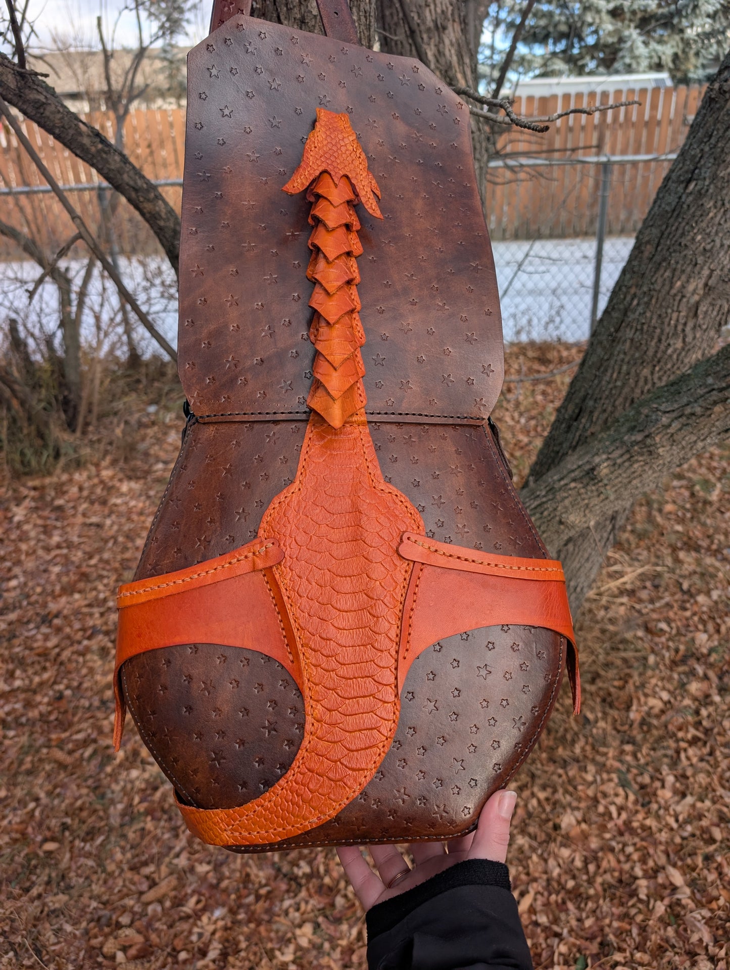 Handmade Leather Orange & Brown Star Embossed Dragon Crossbody Purse (Full Grain Leather & Handmade in Canada))