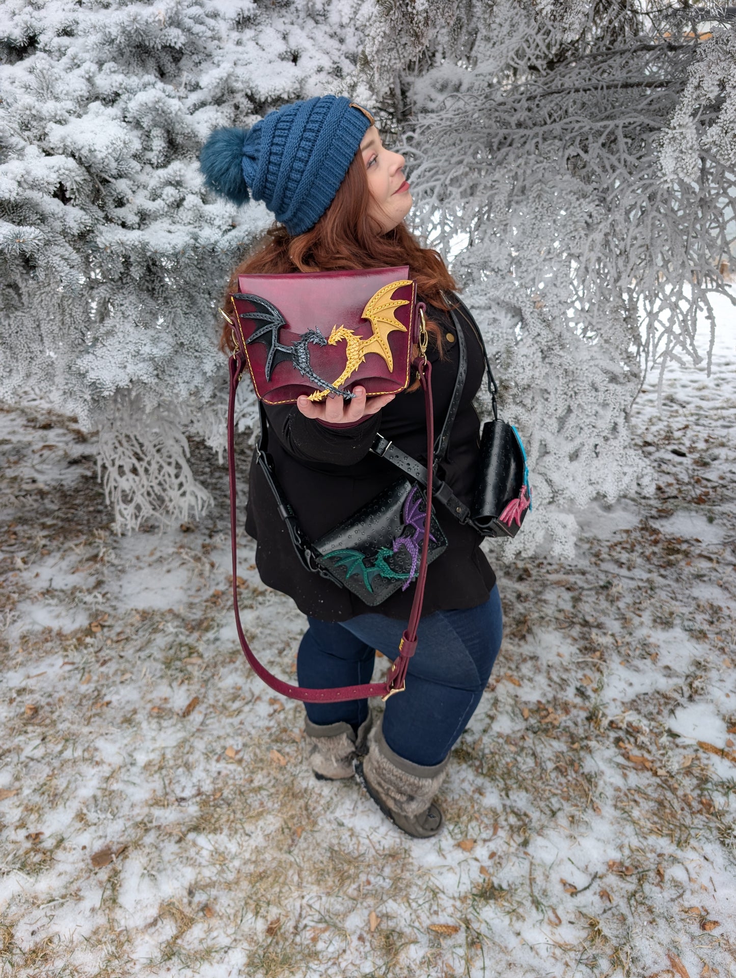 Duality Dragons Crossbody & Clutch/ Purse - Black and Gold Dragons (Full Grain Leather & Handcrafted in Canada.)