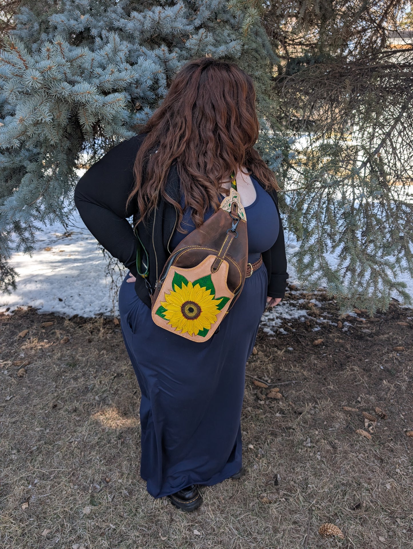 Handmade Leather Sunflower Slingbag  -Hand tooled and painted -Full Grain Leather -