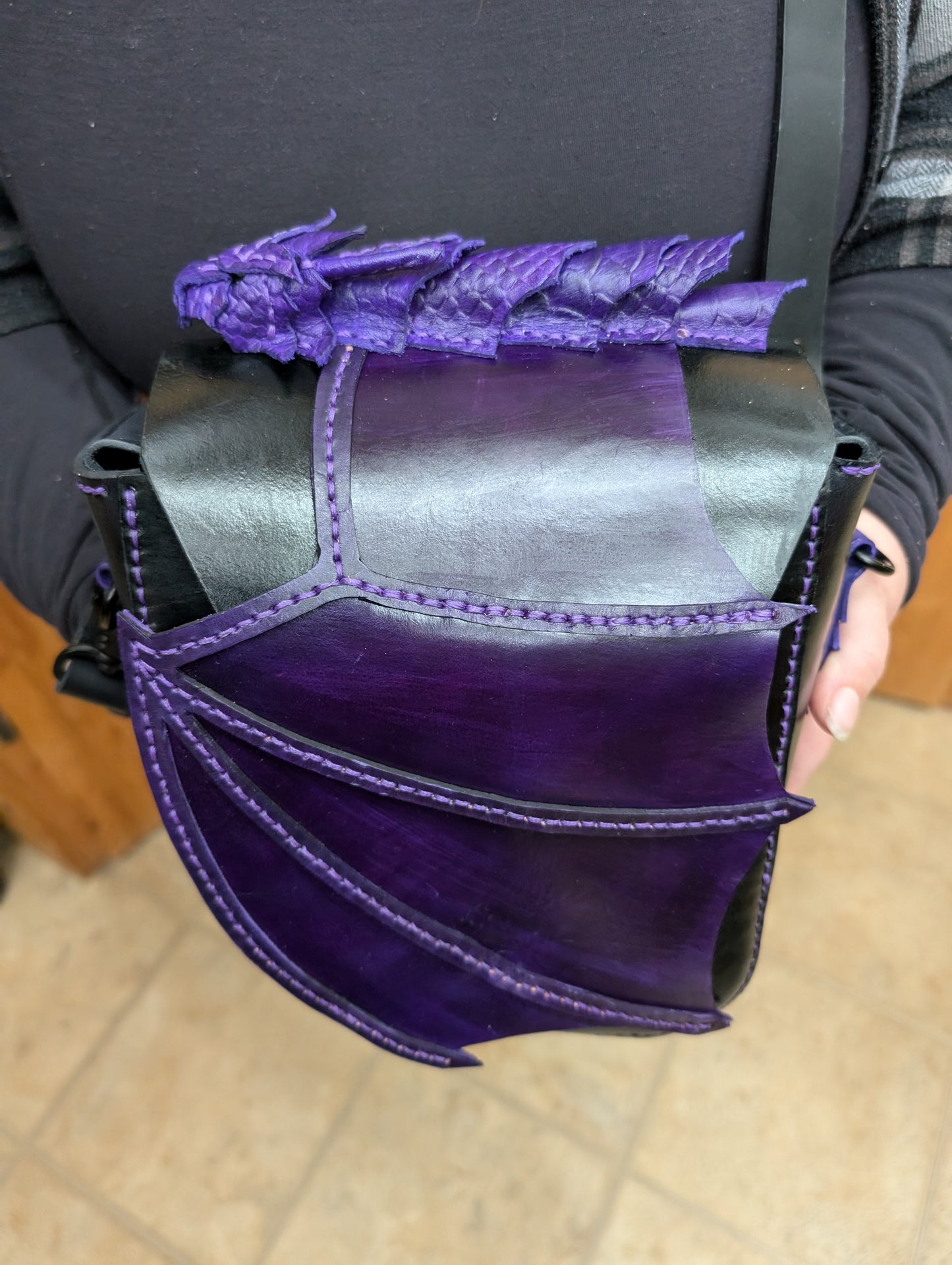 🐉 HANDMADE LEATHER WING FLAP PURPLE AND BLACK DRAGON BAG