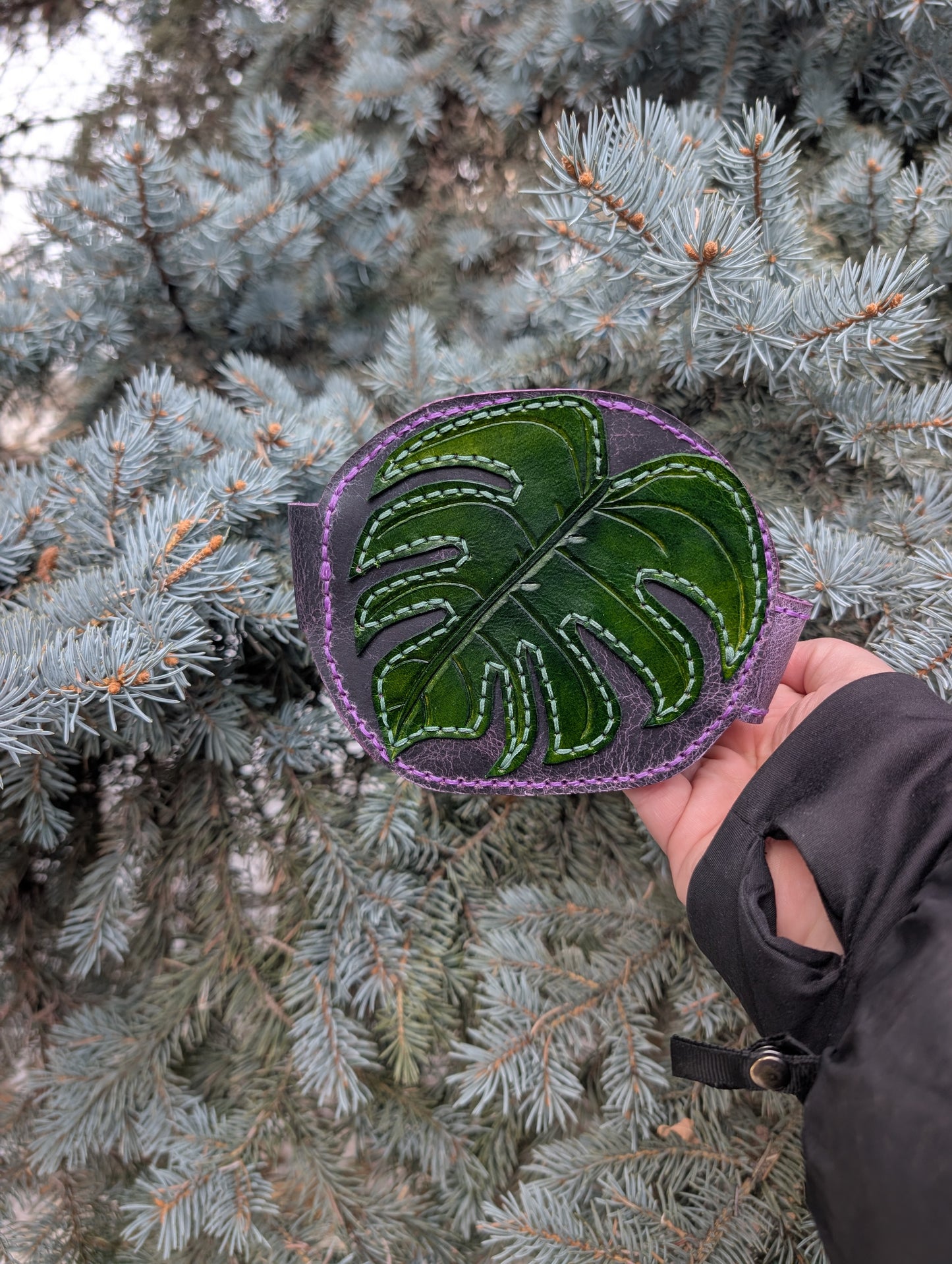 Handmade Full Grain Leather Monstera Wallet - Handmade in Canada (Purple version)