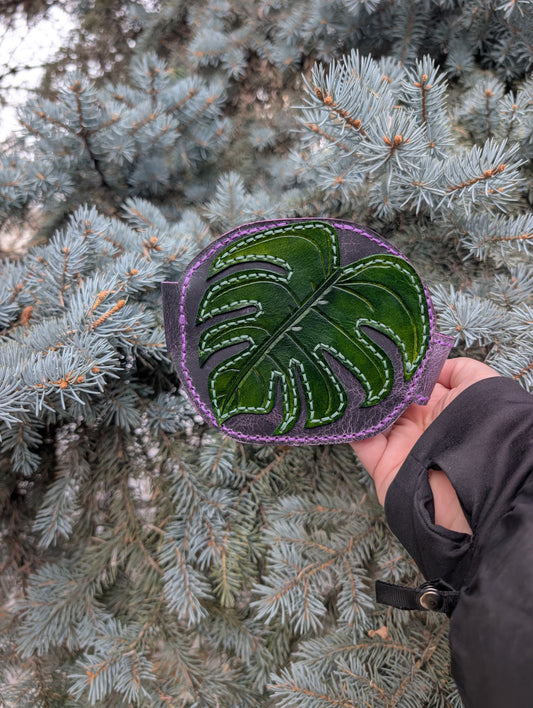 Handmade Full Grain Leather Monstera Wallet - Handmade in Canada (Purple version)
