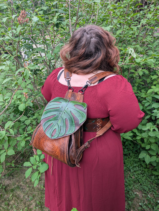 Handmade Leather Monstera Backpack ~ Full Grain and hand tooled ~ Made in Canada