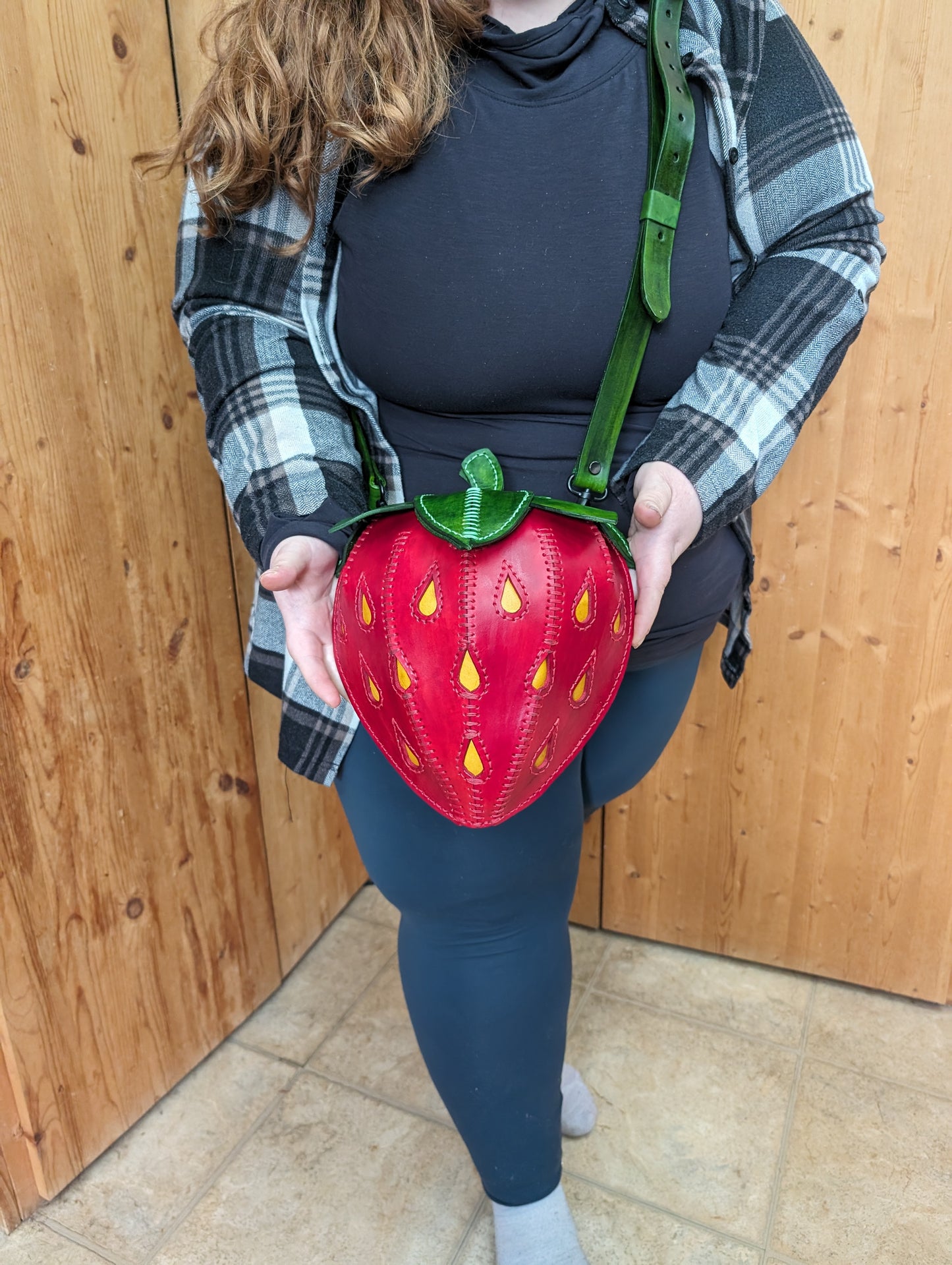 Handmade Leather Strawberry Crossbody Purse