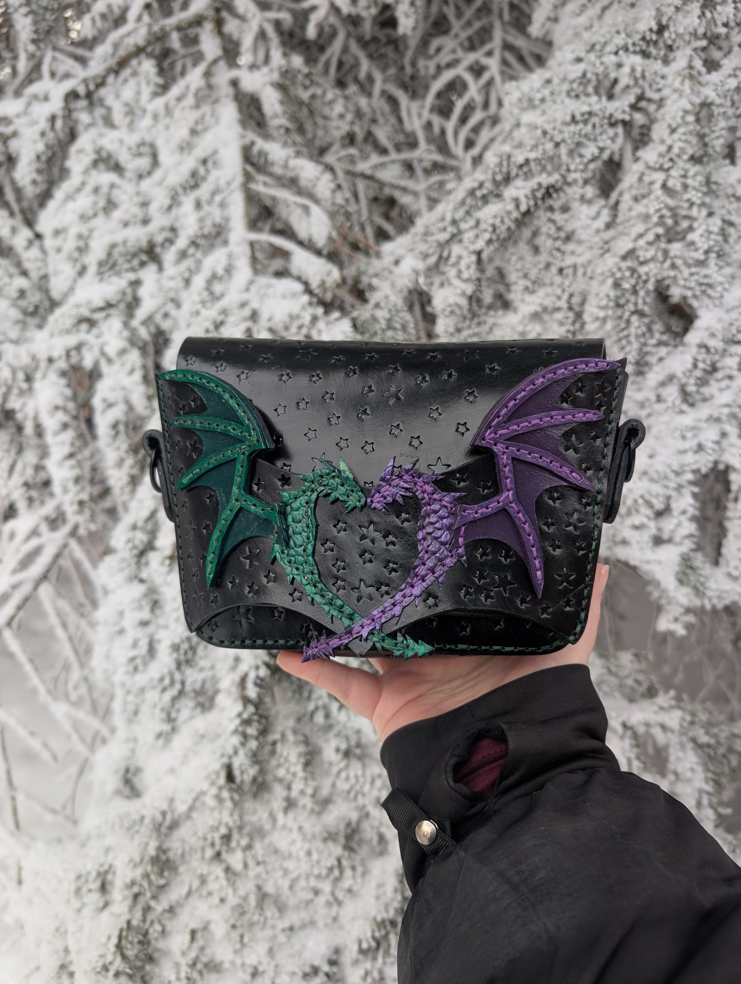 Duality Dragons Crossbody & Clutch/Purse - Green and Purple (Full Grain Leather & Handcrafted in Canada.)