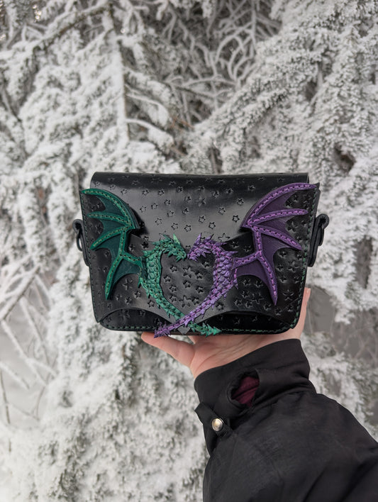 Duality Dragons Crossbody & Clutch/Purse - Green and Purple (Full Grain Leather & Handcrafted in Canada.)