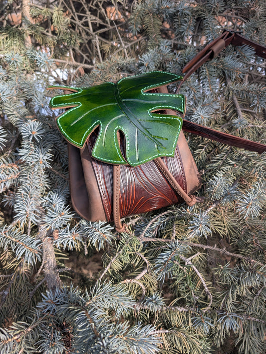 Handmade Leather Monstera Leaf Crossbody Purse (Full Grain Leather & Tooled Wood Grain Details) - Handmade in Canada