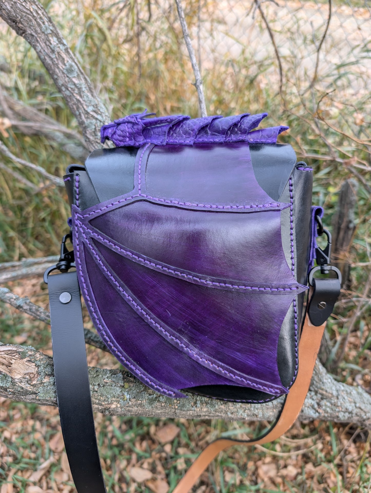 🐉 HANDMADE LEATHER WING FLAP PURPLE AND BLACK DRAGON BAG