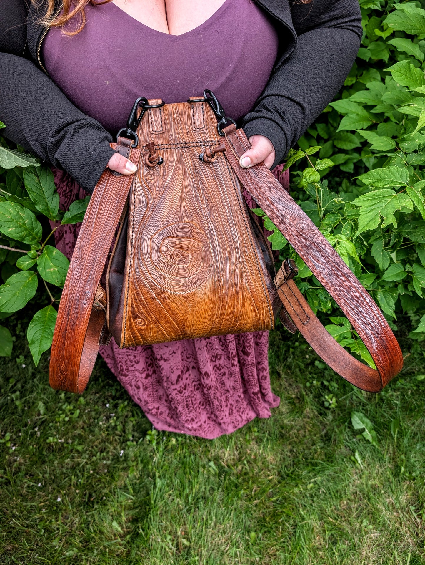 Handmade Leather Oak Leaf Backpack ~ Full Grain Leather & hand tooled - Made in Canada