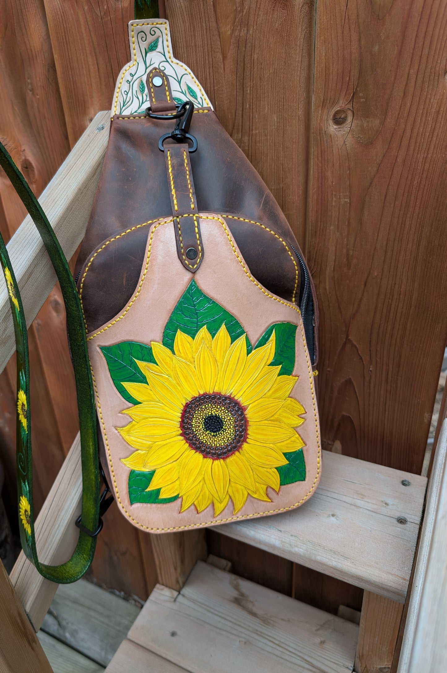 Handmade Leather Sunflower Slingbag  -Hand tooled and painted -Full Grain Leather -