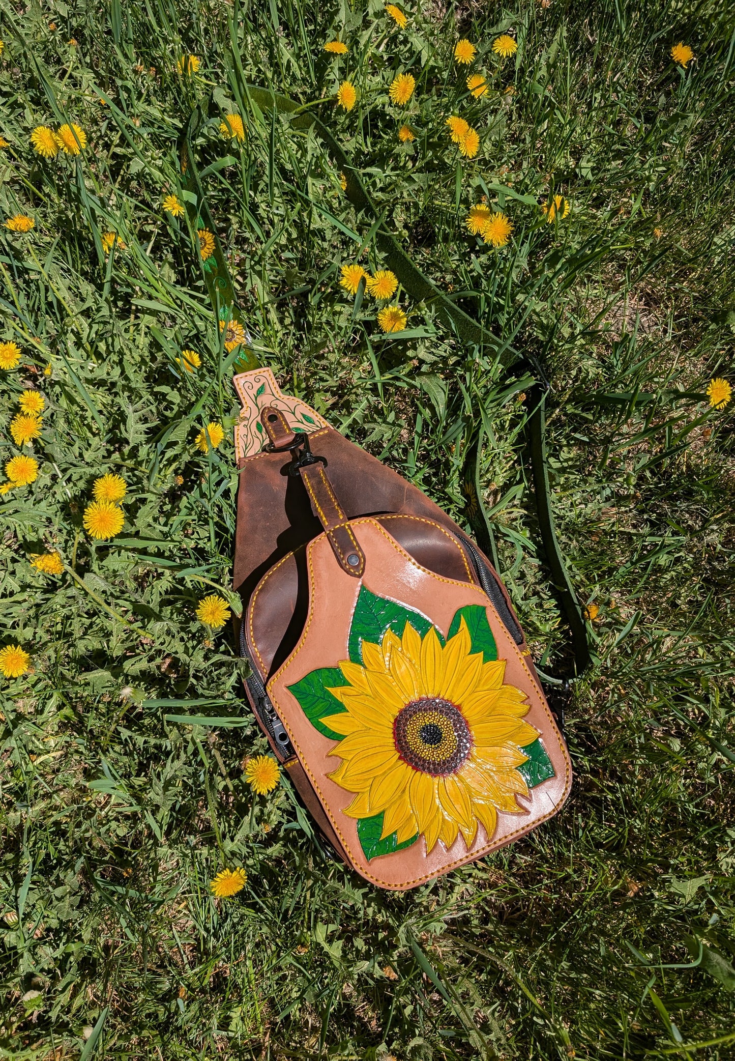 Handmade Leather Sunflower Slingbag  -Hand tooled and painted -Full Grain Leather -
