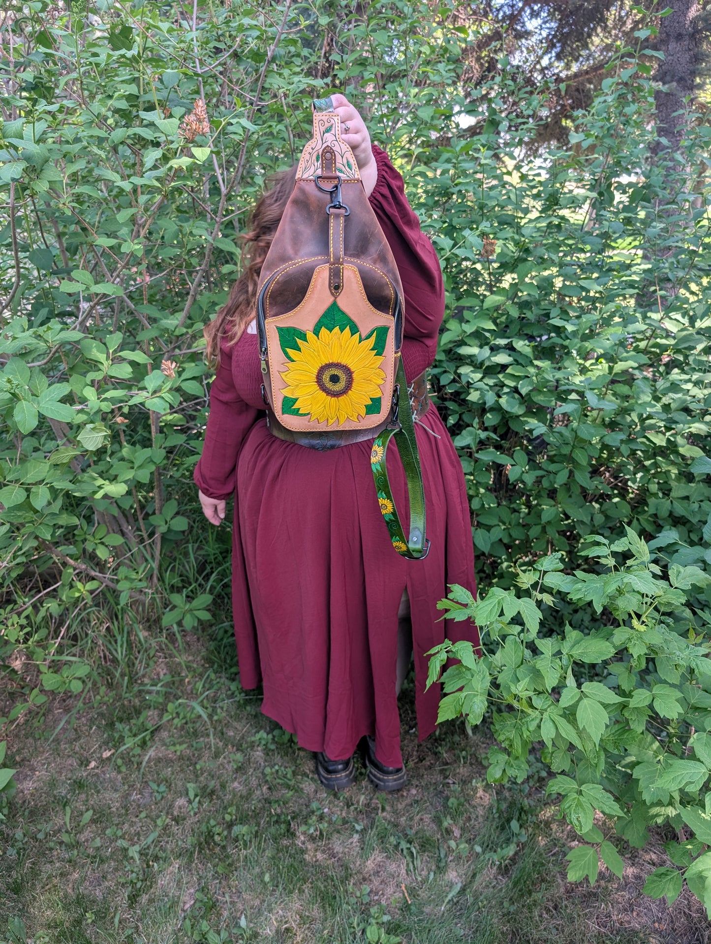 Handmade Leather Sunflower Slingbag  -Hand tooled and painted -Full Grain Leather -