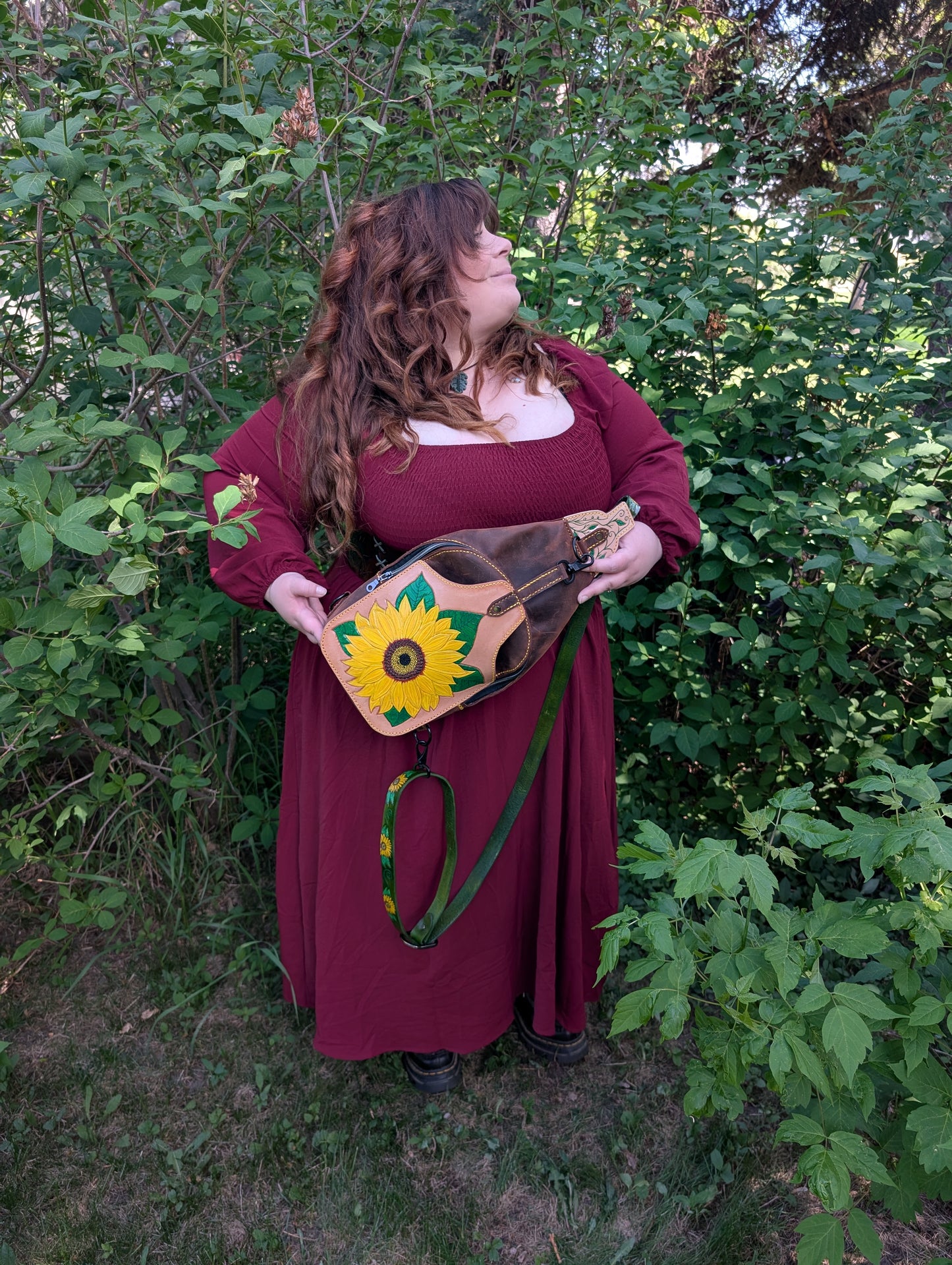 Handmade Leather Sunflower Slingbag  -Hand tooled and painted -Full Grain Leather -