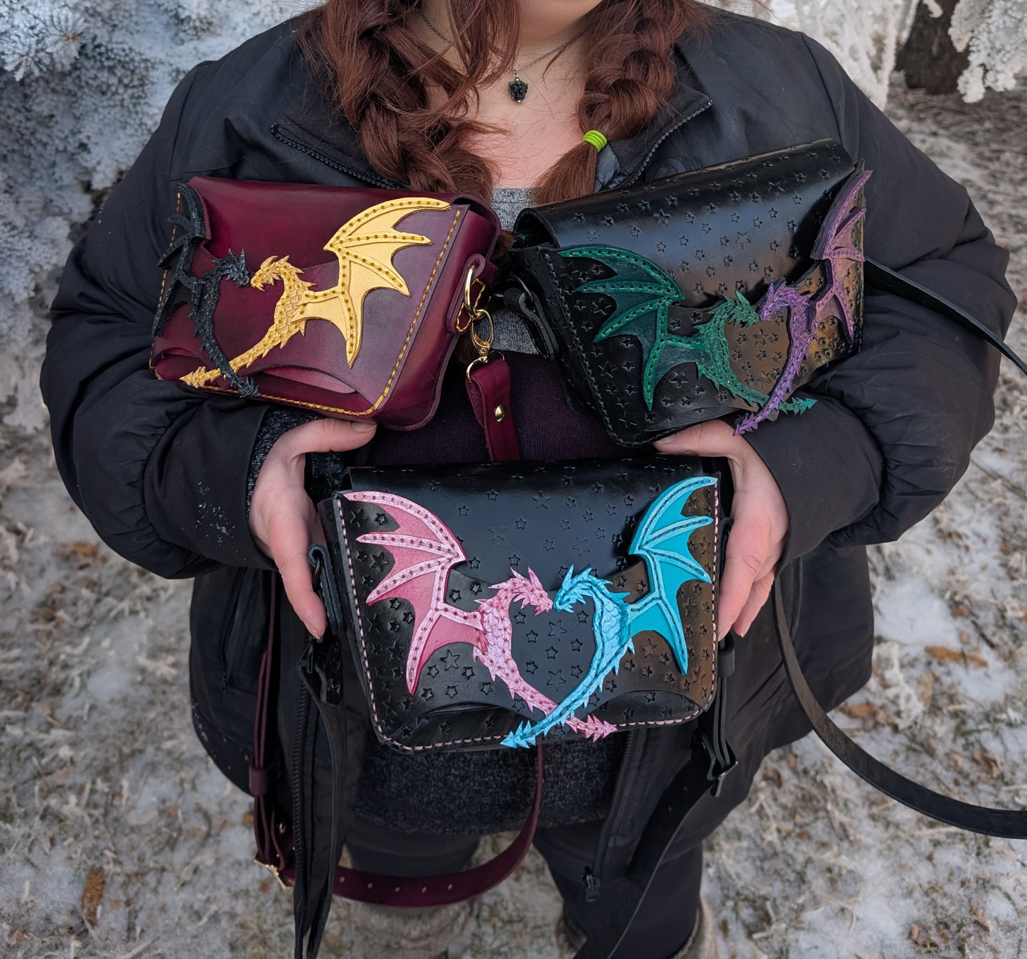 Duality Dragons Crossbody & Clutch/Purse - Green and Purple (Full Grain Leather & Handcrafted in Canada.)