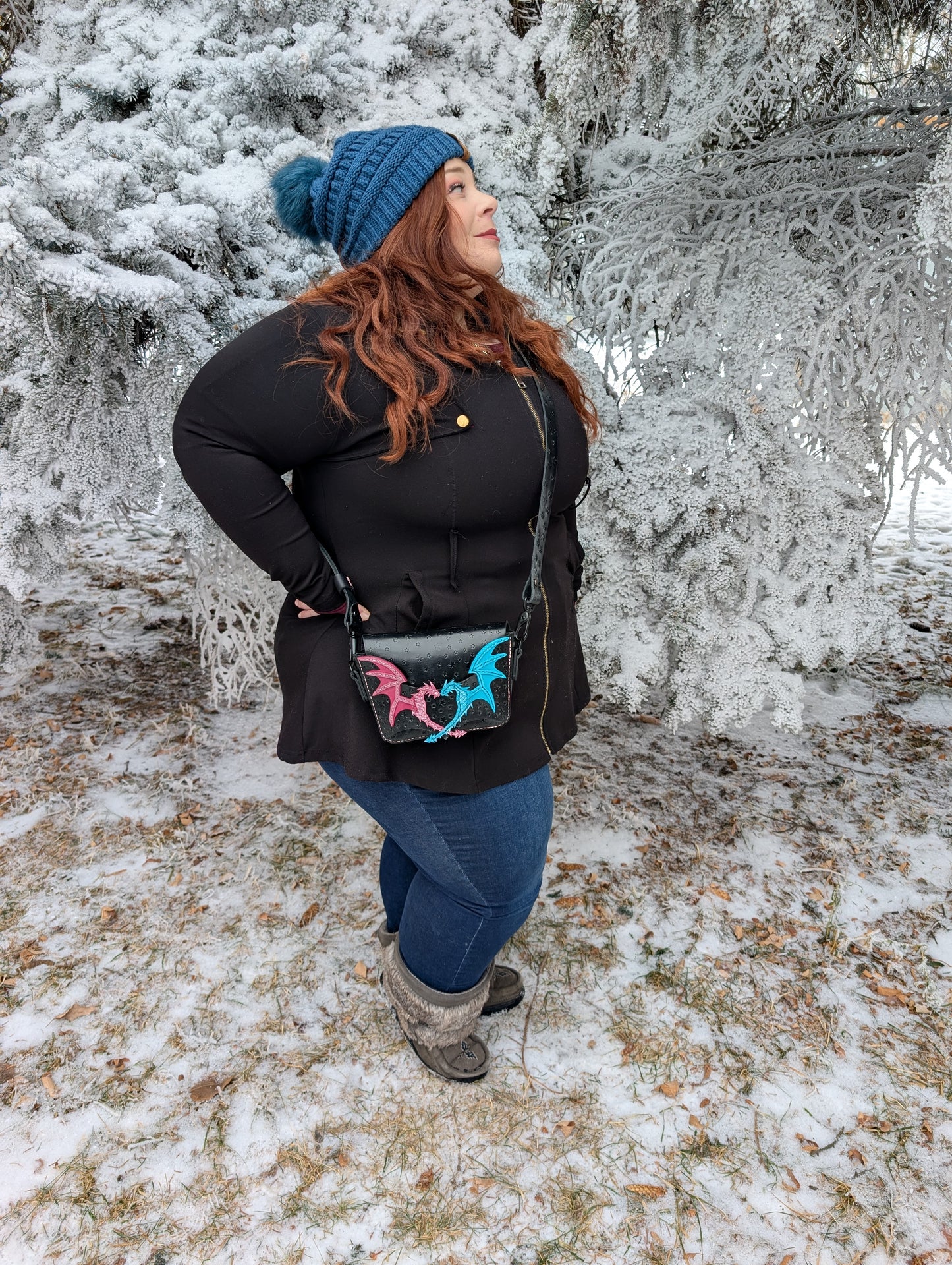 Duality Dragons Crossbody & Clutch/Purse - Pink and Turquoise (Full Grain Leather & Handcrafted in Canada.)