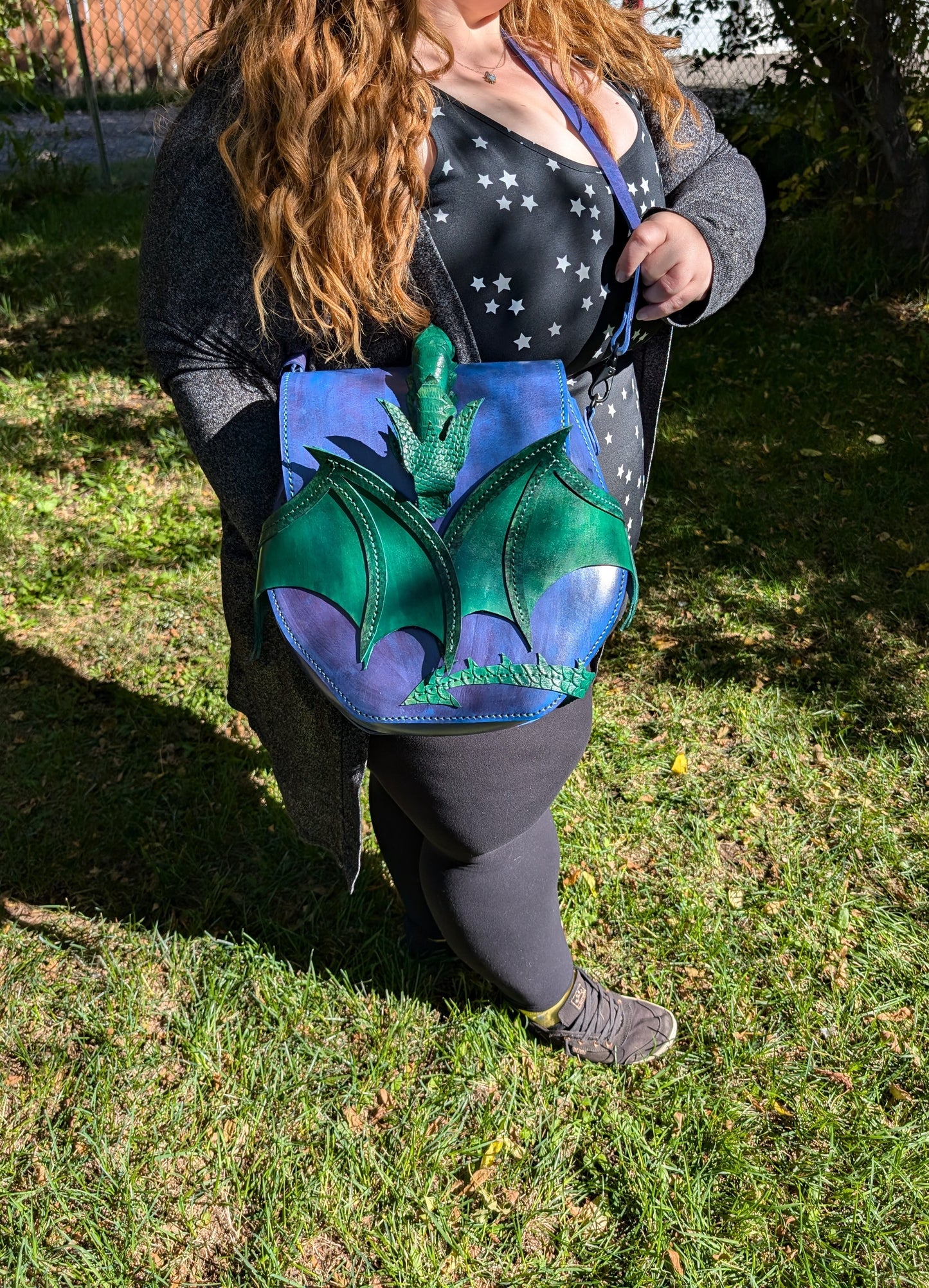 Handmade Leather Jade and Bluish Purple Embossed Dragon Crossbody Bag (FULL GRAIN)