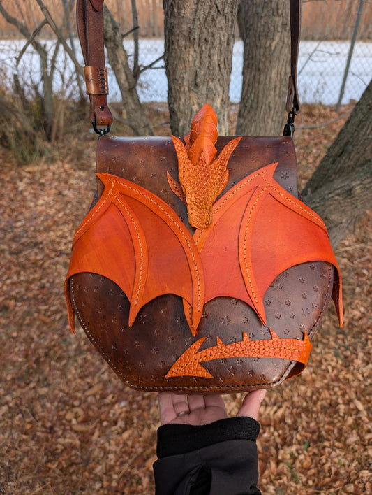 Handmade Leather Orange & Brown Star Embossed Dragon Crossbody Purse (Full Grain Leather & Handmade in Canada))