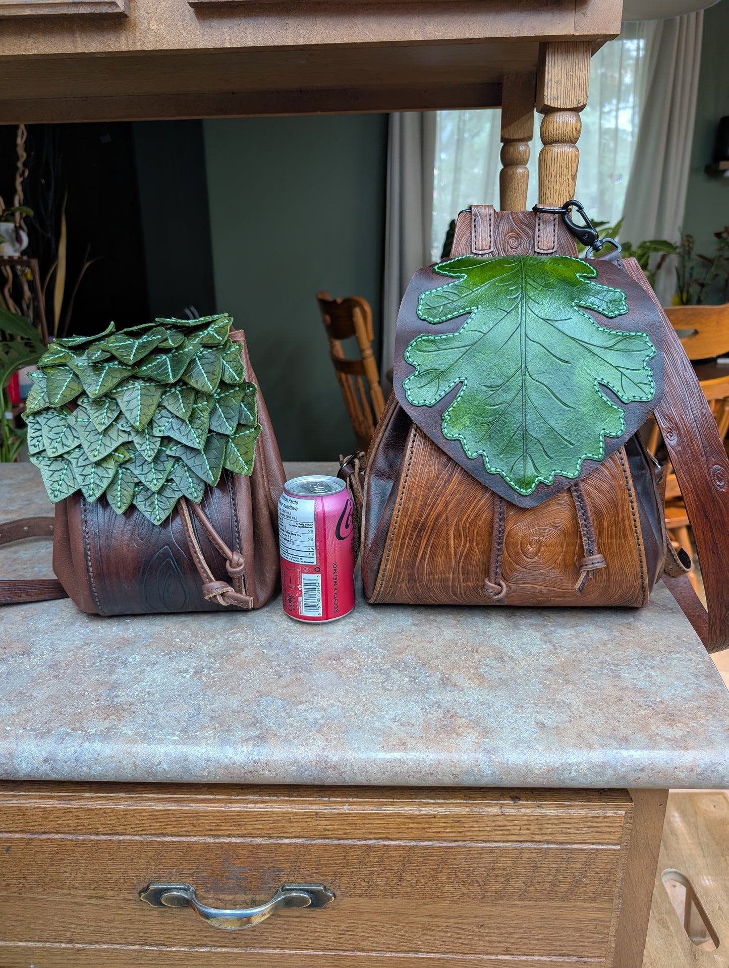 Handmade Leather Oak Leaf Backpack ~ Full Grain Leather & hand tooled - Made in Canada