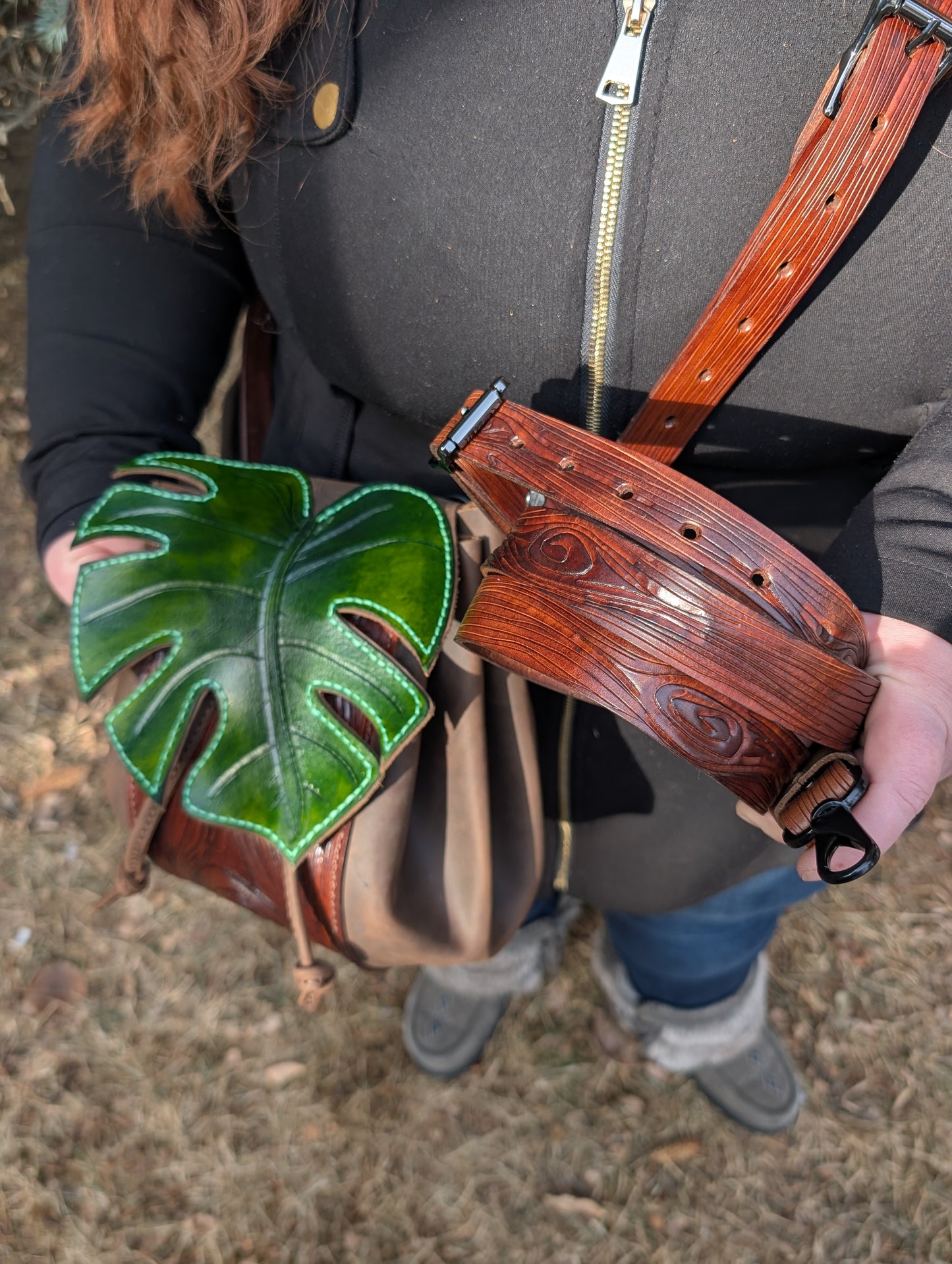 Handmade Leather Monstera Leaf Crossbody Purse (Full Grain Leather & Tooled Wood Grain Details) - Handmade in Canada