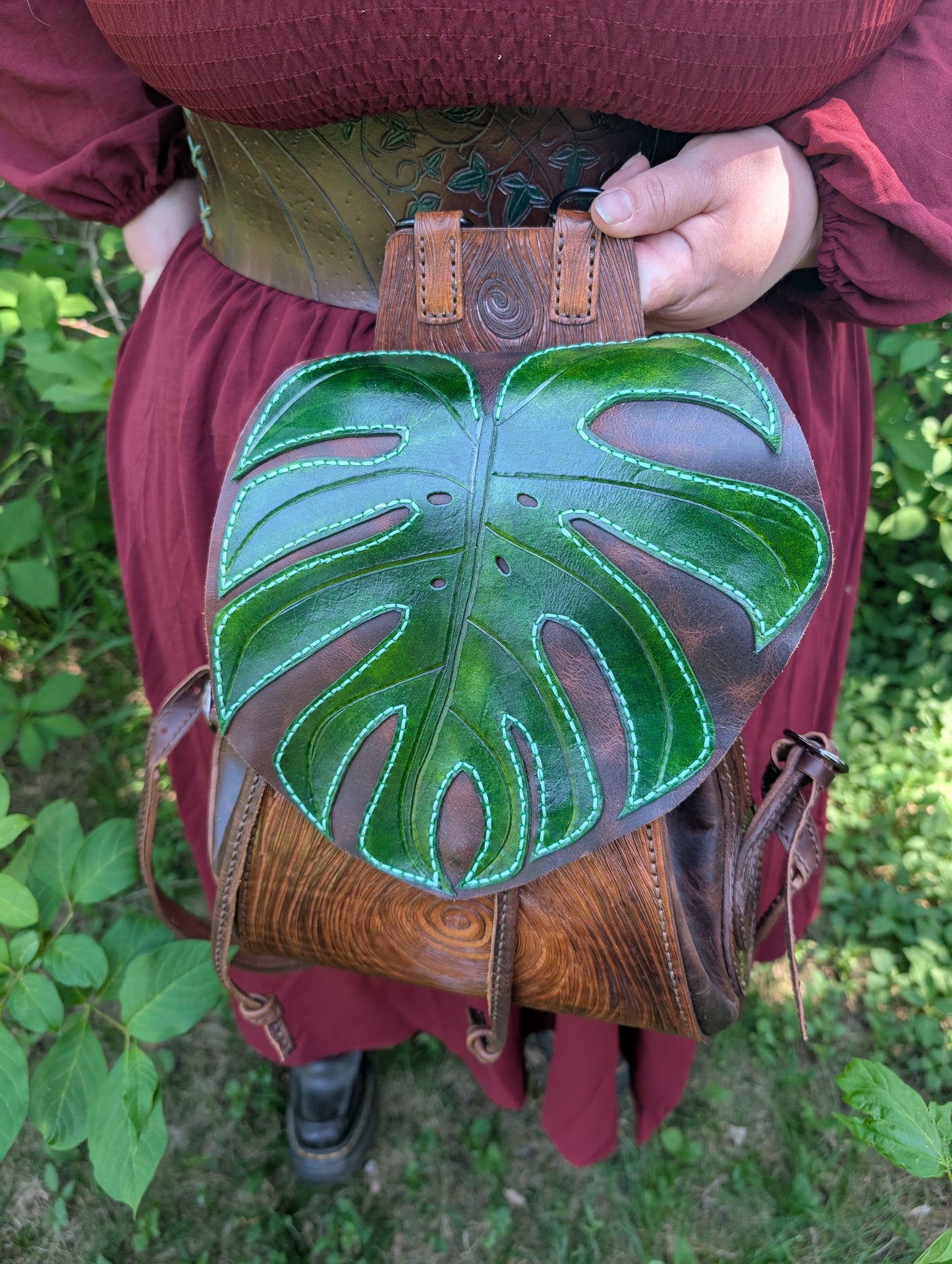 Handmade Leather Monstera Backpack ~ Full Grain and hand tooled ~ Made in Canada