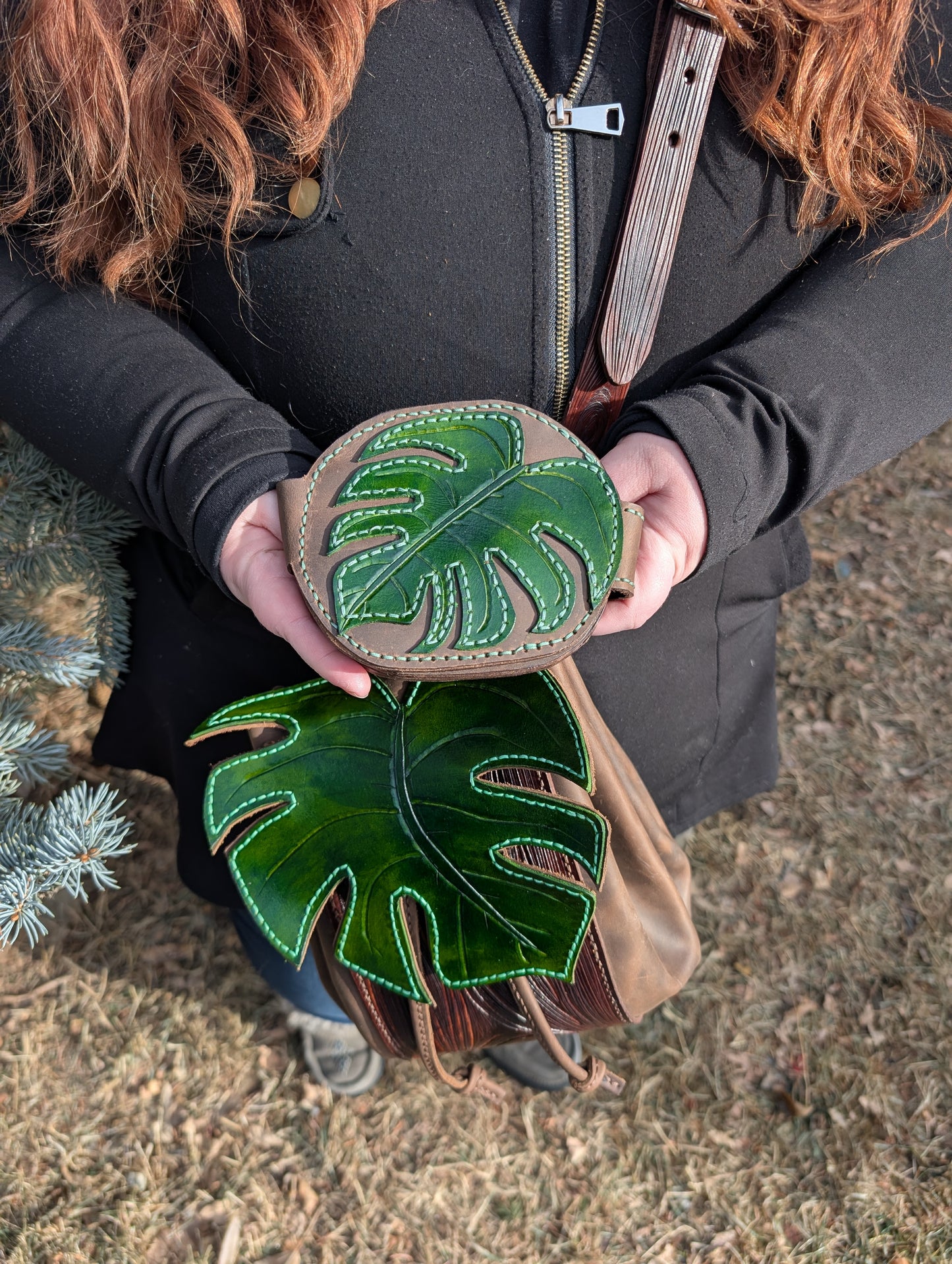 Handmade Full Grain Leather Monstera Wallet - Handmade in Canada (Brown version)